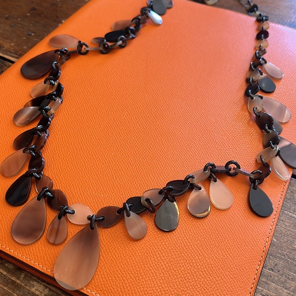 HERMÈS Buffalo Horn Necklace Brown Tortoise Shell LONG RARE bead dangle $1500RP! - Picture 3 of 16